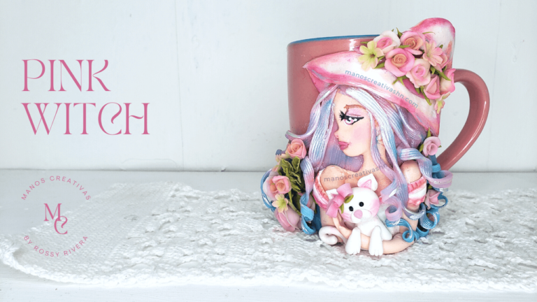 How to make a Soft Pink Witch Mug with Kitten in cold porcelain clay