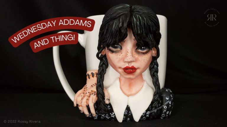 How to make a Wednesday Addams (+ THING!) mug using cold porcelain clay